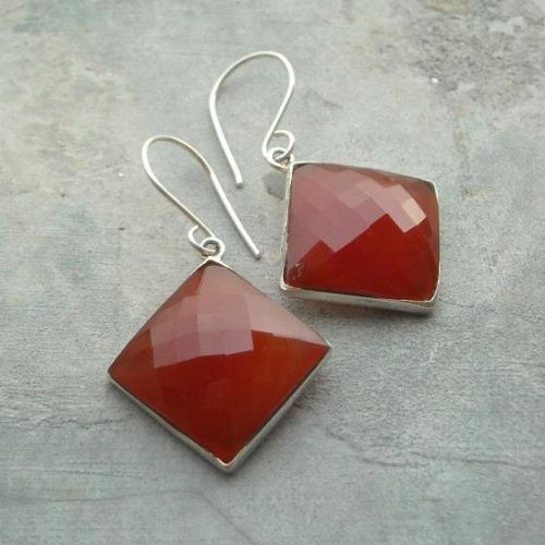 Carnelian dangle earrings, Faceted stone silver earrings