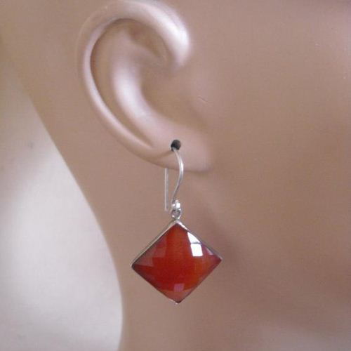 Carnelian dangle earrings, Faceted stone silver earrings