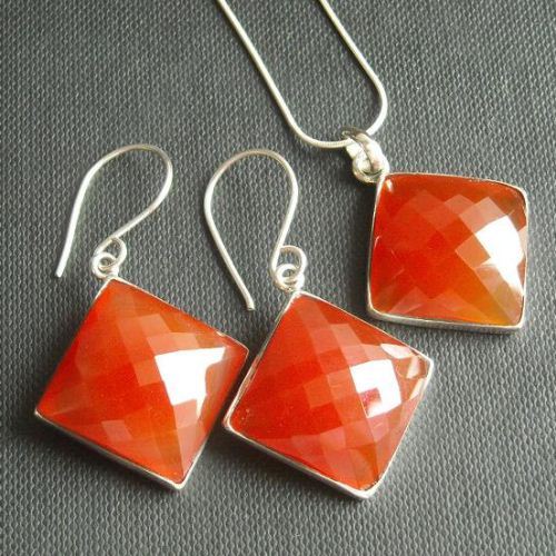Carnelian pendant necklace, Square pendant, Silver pendant chain