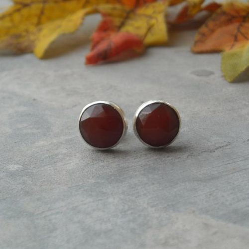 Carnelian stud earrings, 8mm gemstone silver stud, Red ear studs
