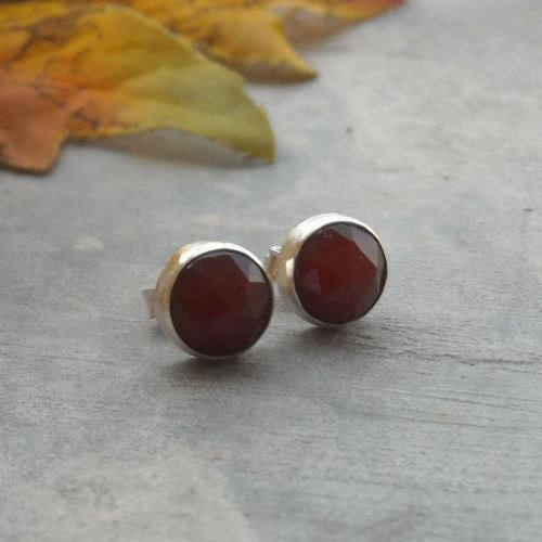 Carnelian stud earrings, 8mm gemstone silver stud, Red ear studs