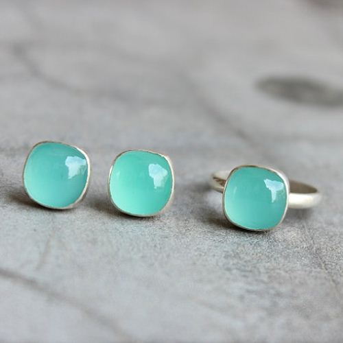 Chalcedony Studs, Aqua stud earrings, Chalcedony silver earrings