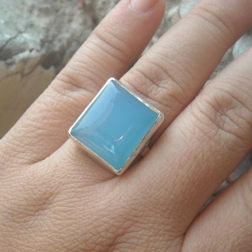 Chalcedony jewelry, Aqua ring, Square shape silver ring