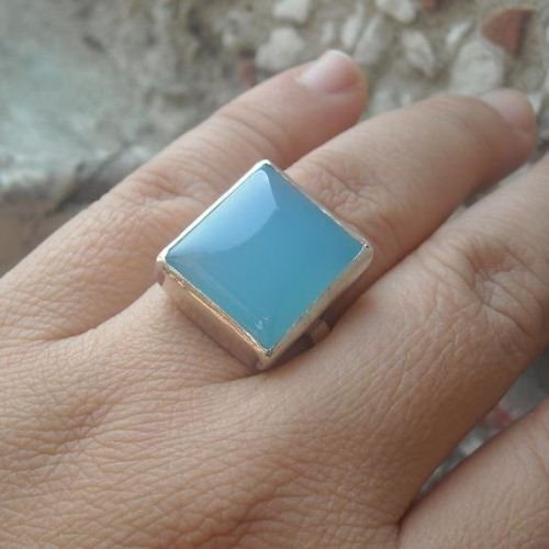 Chalcedony jewelry, Aqua ring, Square shape silver ring