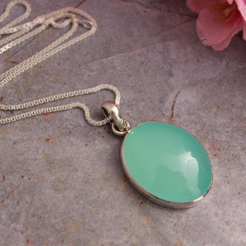 Chalcedony pendant necklace - Oval aqua blue silver pendant chain