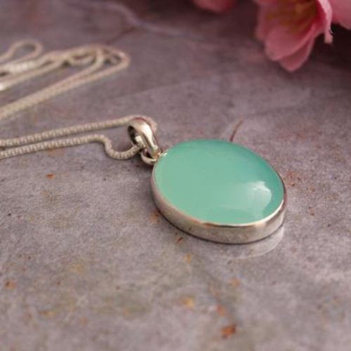 Chalcedony pendant necklace - Oval aqua blue silver pendant chain