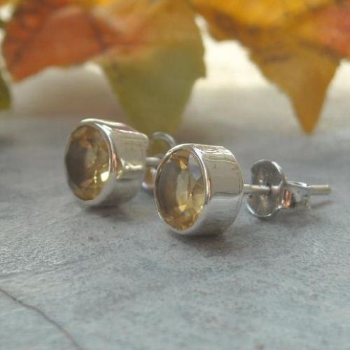 Citrine silver earrings, Stud earrings, November birthstone yellow studs