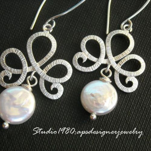 Coin pearl earrings - bridal earrings - Twisted sterling silver earrings