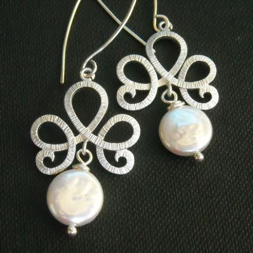 Coin pearl earrings - bridal earrings - Twisted sterling silver earrings