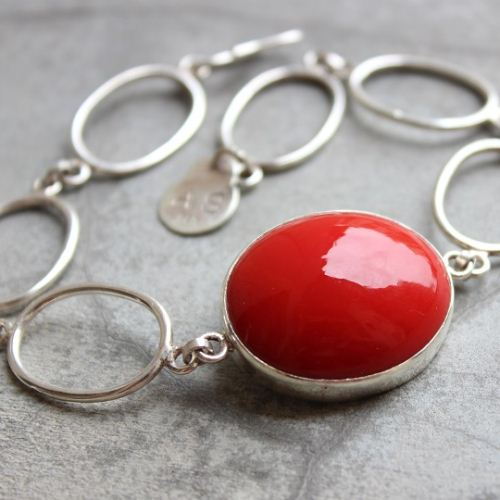 Coral bracelet, Sterling silver bracelet, Artisan handmade jewelry 