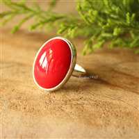  Coral red ring, Oval ring, sterling silver ring