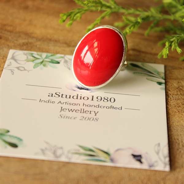  Coral red ring, Oval ring, sterling silver ring