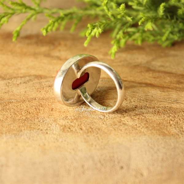  Coral red ring, Oval ring, sterling silver ring