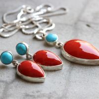 Red Coral turquoise silver pendant earrings set, Artisan set