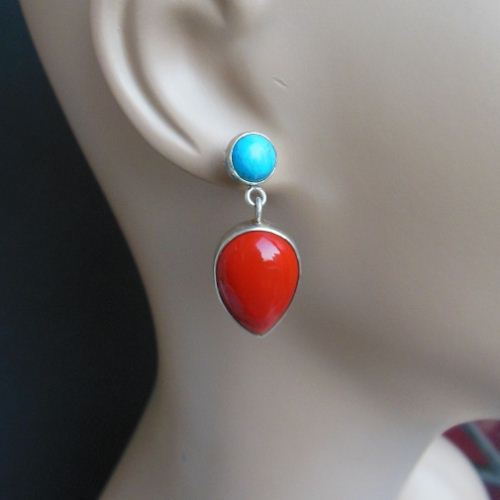 Red Coral turquoise silver pendant earrings set, Artisan set