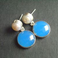 Corn flower blue chalcedony pearl silver earrings, Post earrings
