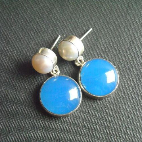 Corn flower blue chalcedony pearl silver earrings, Post earrings