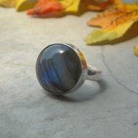 Cushion cut natural labradorite ring, Round blue stone silver ring
