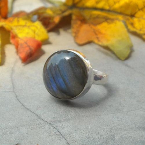 Cushion cut natural labradorite ring, Round blue stone silver ring