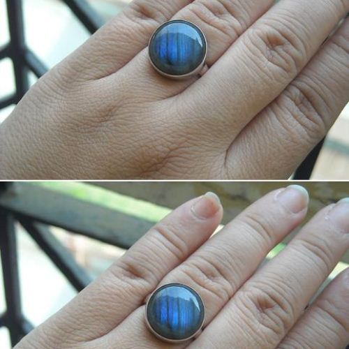 Cushion cut natural labradorite ring, Round blue stone silver ring