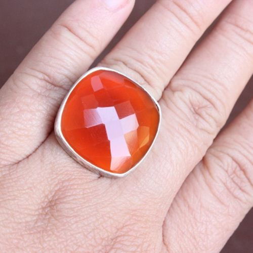 Cushion cut ring, Cushion ring, Carnelian silver jewelry