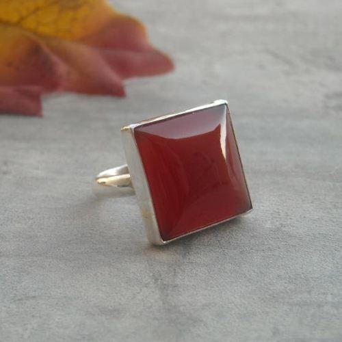 Cushion cut square carnelian ring, Silver cocktail ring
