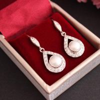 Cz earrings, Pearl earrings, Bridal silver wedding earrings 