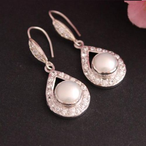 Cz earrings, Pearl earrings, Bridal silver wedding earrings 