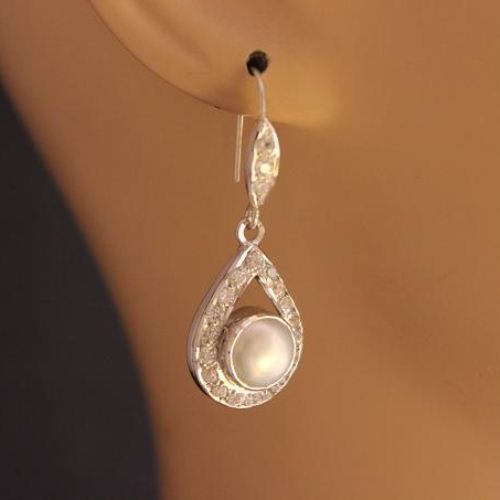 Cz earrings, Pearl earrings, Bridal silver wedding earrings 