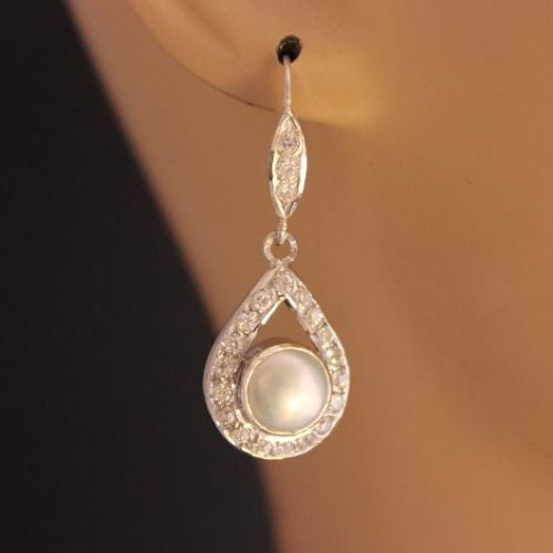 Cz earrings, Pearl earrings, Bridal silver wedding earrings 