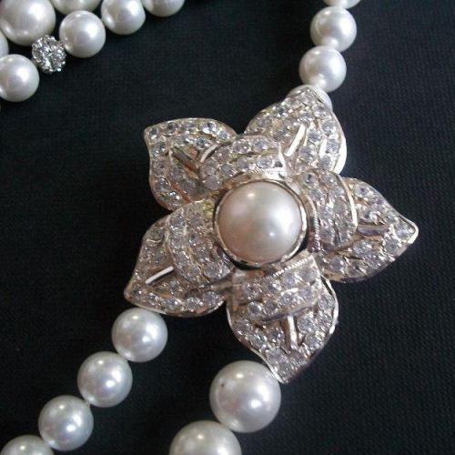 Cz necklace, White pearl silver necklace, Crystal bridal necklace