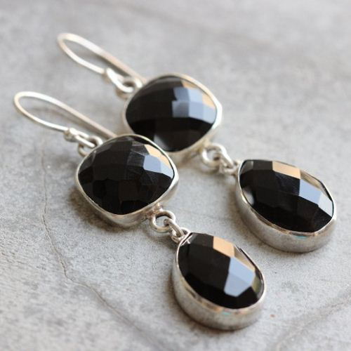 Dangler earrings, Black onyx silver earrings, Cushion drop earrings