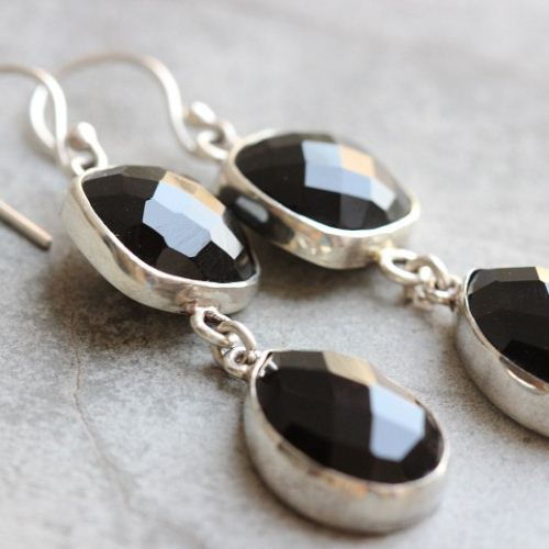 Dangler earrings, Black onyx silver earrings, Cushion drop earrings