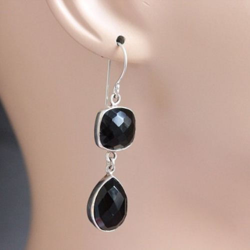 Dangler earrings, Black onyx silver earrings, Cushion drop earrings