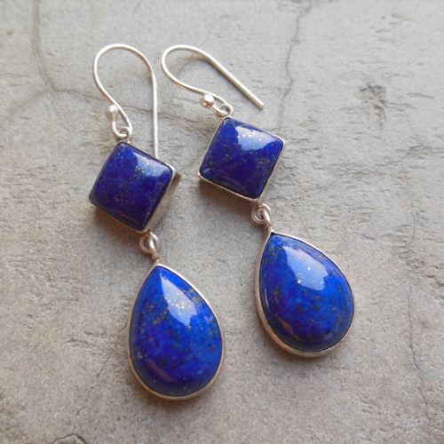 Dangler earrings, Lapis lazuli earrings, Blue silver earrings
