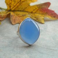 Dark blue chalcedony ring, Marquise shaped artisan silver ring