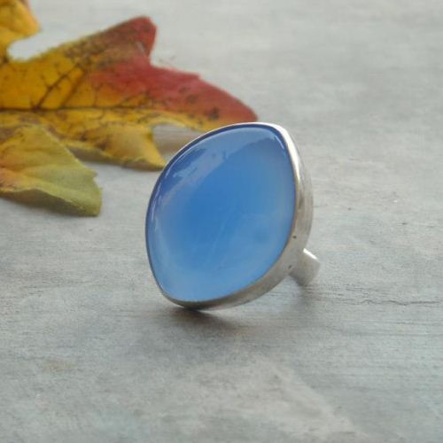 Dark blue chalcedony ring, Marquise shaped artisan silver ring
