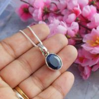 Dark blue sapphire pendant necklace, Silver oval pendant