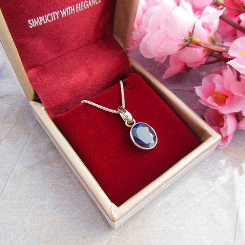 Dark blue sapphire pendant necklace, Silver oval pendant