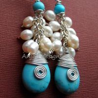 Designer Sterling silver gemstoneTurquoise white pearl earrings