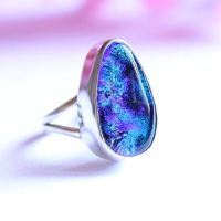 Dichoric glass ring, Artisan Ring, Silver drop ring, Blue ring