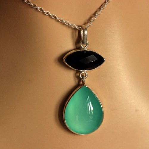 Dual gemstone pendant - Chalcedony smoky quartz silver pendant