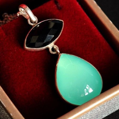 Dual gemstone pendant - Chalcedony smoky quartz silver pendant