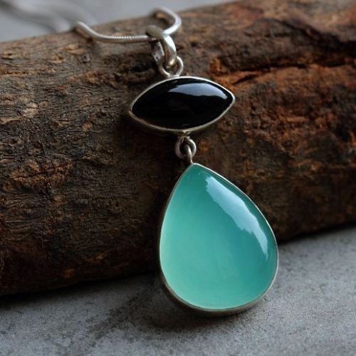 Dual gemstone pendant - Chalcedony smoky quartz silver pendant