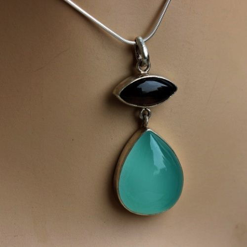 Dual gemstone pendant - Chalcedony smoky quartz silver pendant