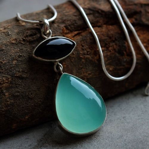Dual gemstone pendant - Chalcedony smoky quartz silver pendant