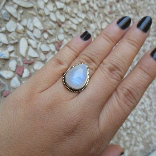 Dual tone 18k Gold Silver ring, Rainbow Moonstone ethnic ring