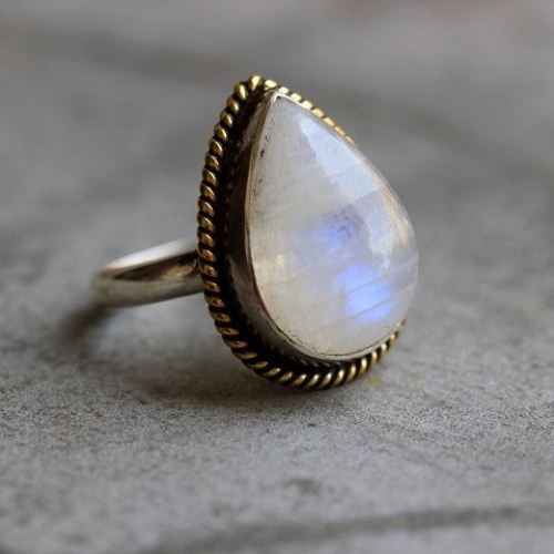 Dual tone 18k Gold Silver ring, Rainbow Moonstone ethnic ring