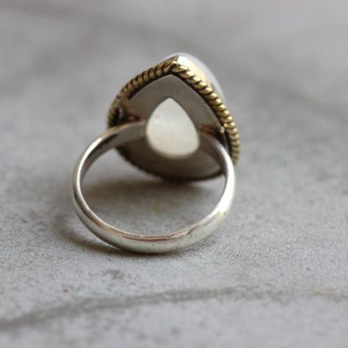 Dual tone 18k Gold Silver ring, Rainbow Moonstone ethnic ring