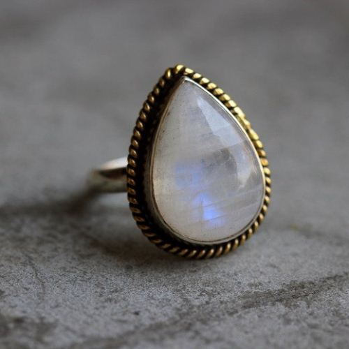 Dual tone 18k Gold Silver ring, Rainbow Moonstone ethnic ring